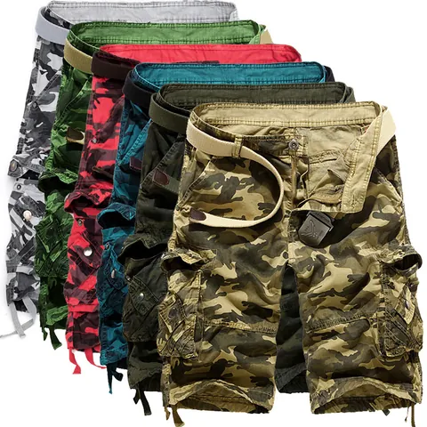 Men Casual Loose Camouflage Cargo Shorts With Belt Multi-Pocket Cotton Knee Length Bottom Summer Military Tactical Shorts