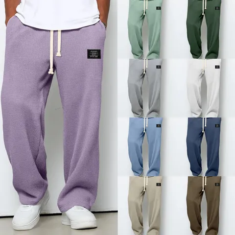 Men's Waffle Knit Sweatpants Loose Fit Straight Leg Wide Leg Bottoms Casual Athleisure Drawstring Pants Solid Color Waffle Texture Trousers