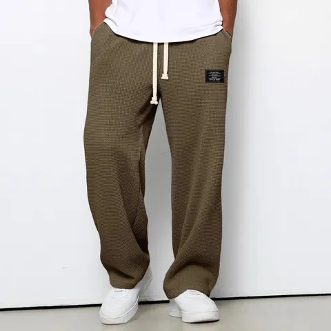 Men's Waffle Knit Sweatpants Loose Fit Straight Leg Wide Leg Bottoms Casual Athleisure Drawstring Pants Solid Color Waffle Texture Trousers