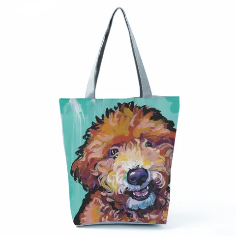 Creative Large Capacity Tote Bag For Women Artistic Poodle Yorkshire Terrier Oil Painting Print Polyester Shoulder Bag Eco Shopping Bag Casual Handbag
