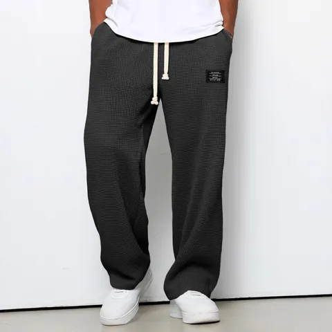 Men's Casual Waffle Knit Sweatpants Loose Fit Straight Wide Leg Drawstring Sports Trousers Autumn Spring Fashion Bottom