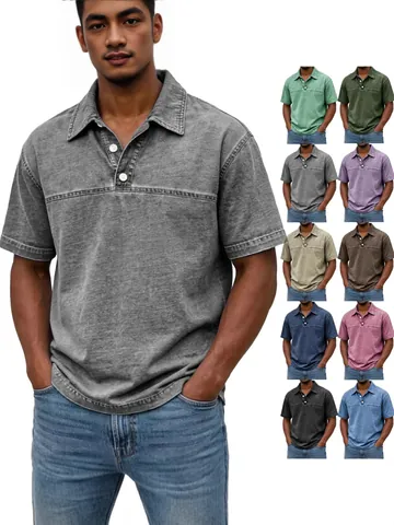T-Shirt Polo Rétro Américain pour Hommes 100% Coton Effet Délavé Manches Courtes Avec Revers à Boutons Top Décontracté