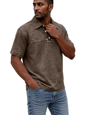 T-Shirt Polo Rétro Américain pour Hommes 100% Coton Effet Délavé Manches Courtes Avec Revers à Boutons Top Décontracté