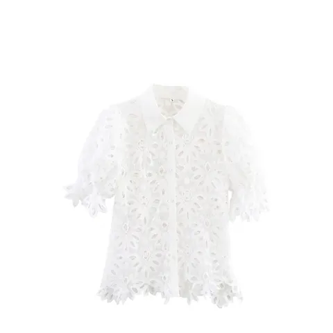 Women French Vintage Linen Shirt Guipure Lace Embroidery Hollow Out Lapel Blouse Casual Loose White Top For Women