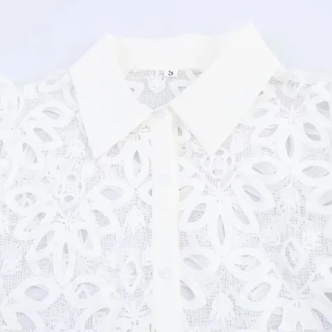 Women French Vintage Linen Shirt Guipure Lace Embroidery Hollow Out Lapel Blouse Casual Loose White Top For Women