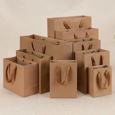 Kraft Paper Gift Bag With Ribbon Handles Horizontal Vertical Square Shopping Bag For Clothing Packaging Brown Paper Handbag