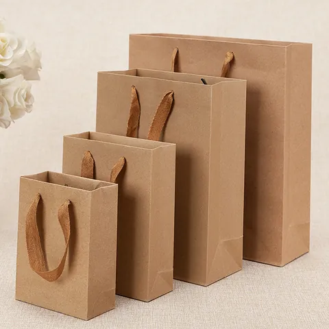 Kraft Paper Gift Bag With Ribbon Handles Horizontal Vertical Square Shopping Bag For Clothing Packaging Brown Paper Handbag