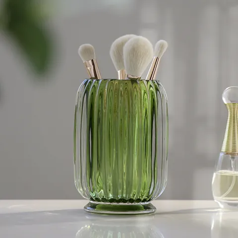 Luxury Ribbed Glass Makeup Brush Holder Nordic Ins Style Thickened Crystal Vertical Striped Cosmetic Organizer Desk Storage Bucket Cup
