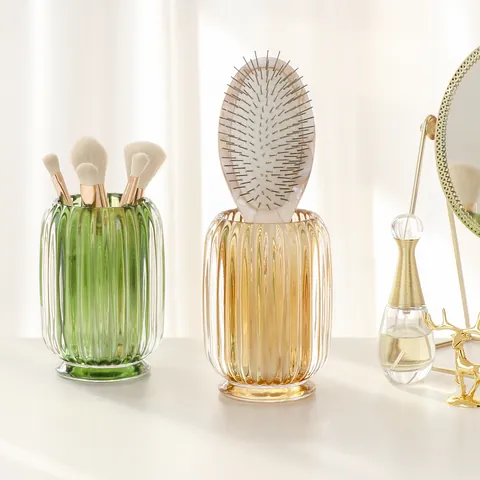 Luxury Ribbed Glass Makeup Brush Holder Nordic Ins Style Thickened Crystal Vertical Striped Cosmetic Organizer Desk Storage Bucket Cup