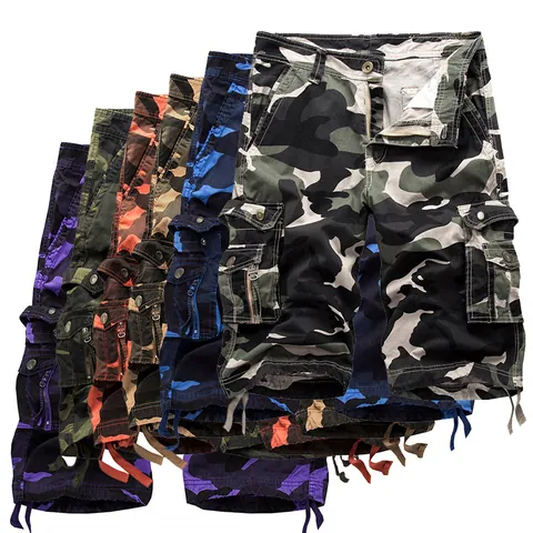 Men Casual Camouflage Cargo Shorts Loose Plus Size Cotton Outdoor Shorts Multi-pocket Drawstring Hem Tactical Bottom