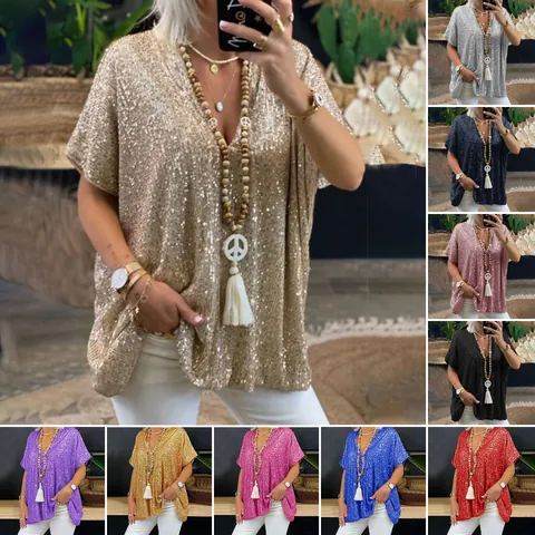 Women's Sequin V-Neck Short Sleeve T-Shirt Urban Casual Loose Fit Polyester Sequin Decoration Pullover Top