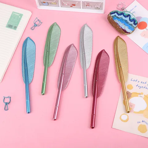 Creative Metal Texture Feather Shape Gel Pen Retro Black Ink Pen With 0.5mm Needle Tip Plastic Electroplated Gift Stationery For Office School