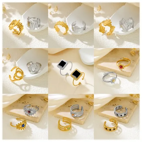 Vintage Stainless Steel Irregular Line Open Ring For Women Minimalist Heart Star Evil Eye Artificial Pearl Rhinestone Jewelry