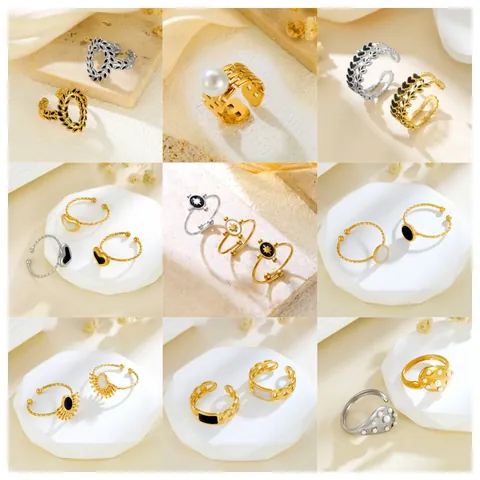Vintage Stainless Steel Irregular Line Open Ring For Women Minimalist Heart Star Evil Eye Artificial Pearl Rhinestone Jewelry