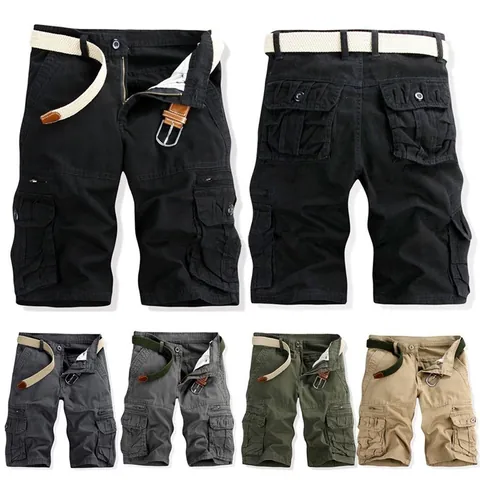 Men's Casual Pure Cotton Cargo Shorts Multi Pocket Straight Leg Summer Short Pants With Belt