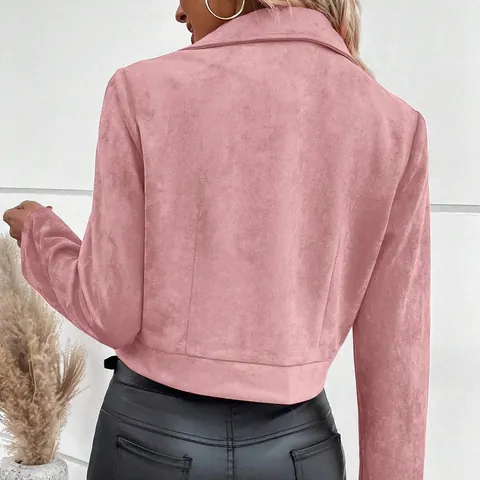 Giacca Moto da Donna Corta in Finta Pelle Scamosciata Tinta Unita Manica Lunga Colletto a Revers Cerniera Capospalla per Autunno Inverno Casual Pendolarismo