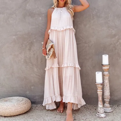 Women Halter Maxi Tiered Dress Summer Sleeveless Backless Boho Flowy Sun Dress Solid Floral Print Beach Party Long Dress