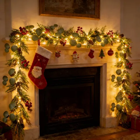 Künstliche Weihnachts-Eukalyptus-Girlande Mit Roten Beeren Und Tannenzapfen LED-Lichterkette Warmes Leuchten Festliche Hausparty-Dekoration