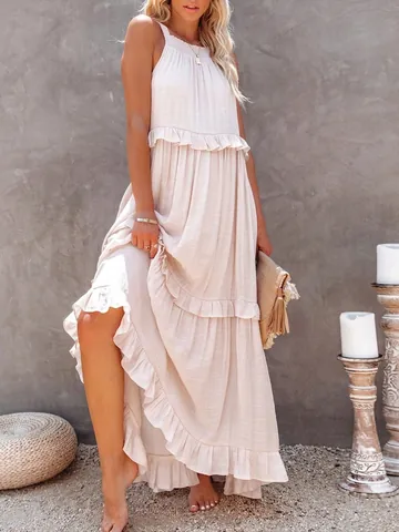 Women Halter Neck Tiered Ruffle Maxi Dress Bohemian Sleeveless Backless Long Dress For Summer Beach Holiday Pullover Sundress