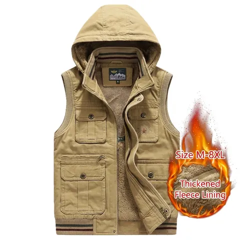 Men's Plus Size Hooded Cargo Vest Fleece Lined Cotton Outdoor Multi-Pocket Sleeveless Jacket Warm Winter Casual Top