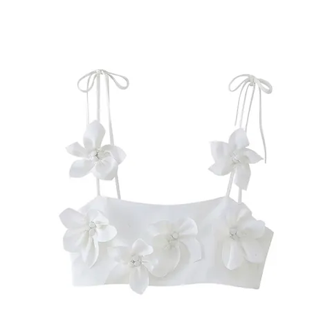 Women's Sexy 3D Floral Decoration Crop Top Elegant Slim Fit Camisole Adjustable Bow Straps White Polyester Woven Tank Top