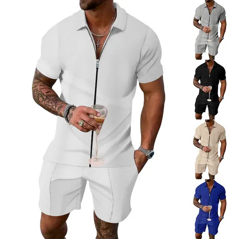 Heren Sommer Casual Waffelstrick Polo Hemd Und Shorts Top Und Bottom Polyester Kurzarm Reißverschluss Revers Loungewear Sportoutfit