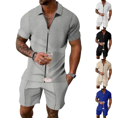 Heren Sommer Casual Waffelstrick Polo Hemd Und Shorts Top Und Bottom Polyester Kurzarm Reißverschluss Revers Loungewear Sportoutfit