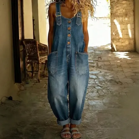 Salopette in Jeans Lavato Vintage da Donna Tuta Larga Invecchiata Gamba Dritta Pantaloni con Bottoni Tasche Streetwear