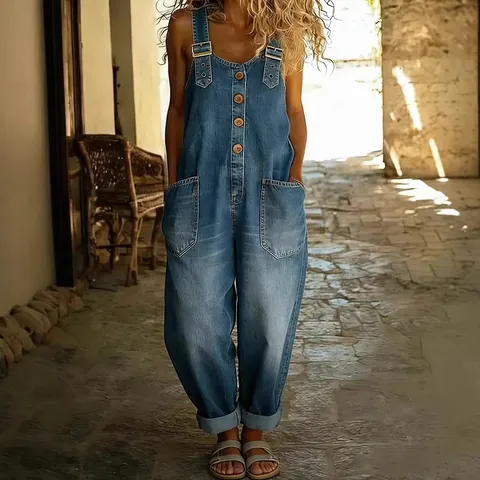 Salopette in Jeans Lavato Vintage da Donna Tuta Larga Invecchiata Gamba Dritta Pantaloni con Bottoni Tasche Streetwear