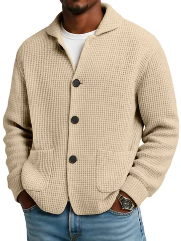 Men Fashion Casual Waffle Knit Jacket Button Down Lapel Cardigan Long Sleeve Regular Fit Outerwear Men Clothes Coat