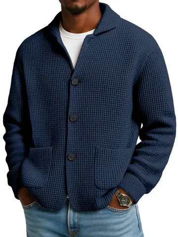 Heren Grote Wafel Gebreide Cardigan Jas Revers Knoopsluiting Lange Mouw Casual Mode Losse Polyester Outerwear Top Voor Herfst