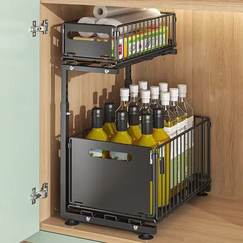 L-Shaped 2-Tier Under Sink Organizer Sliding Drawer Cabinet Storage Rack Adjustable Height Carbon Steel Rack For Kitchen