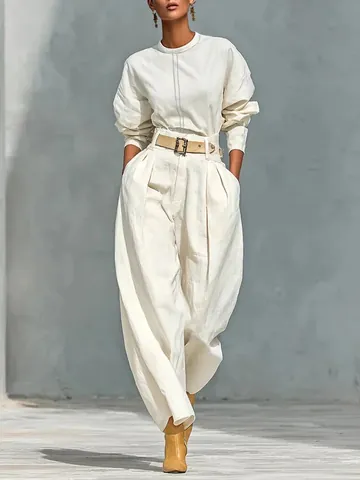 Completo da Donna Minimalista Casual in Poliestere e Spandex Top a Maniche Lunghe Largo e Pantaloni a Gamba Larga Harem Con Cintura