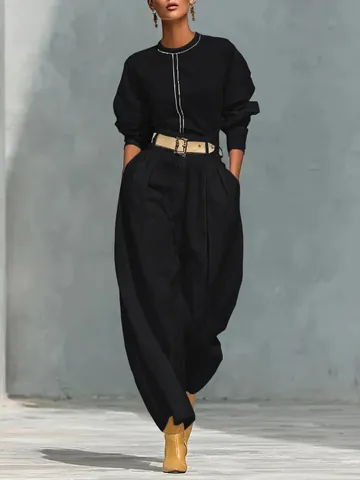 Completo da Donna Minimalista Casual in Poliestere e Spandex Top a Maniche Lunghe Largo e Pantaloni a Gamba Larga Harem Con Cintura