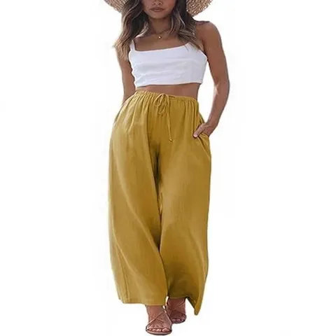 Women Cotton Linen Wide Leg Pants High Waist Drawstring Loose Straight Casual Trousers With Pockets Plus Size Fashion Bottom