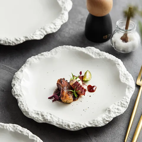 Modern Ceramic Dinner Plate Rock Texture Ruffled Edge Shallow Plate Solid Color Kiln Change Porcelain Tableware For Home Hotel Restaurant Plating