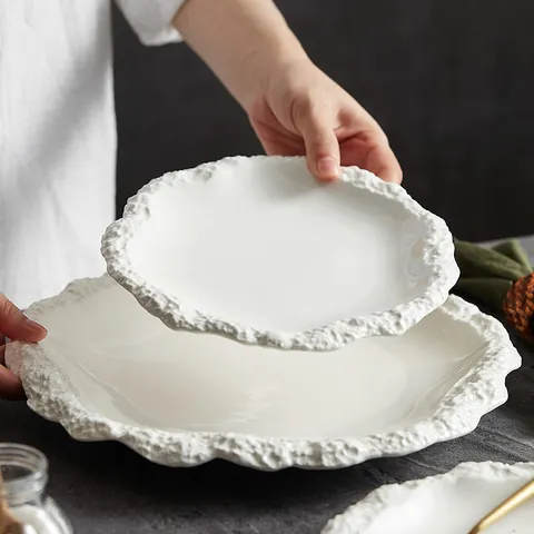 Modern Ceramic Dinner Plate Rock Texture Ruffled Edge Shallow Plate Solid Color Kiln Change Porcelain Tableware For Home Hotel Restaurant Plating