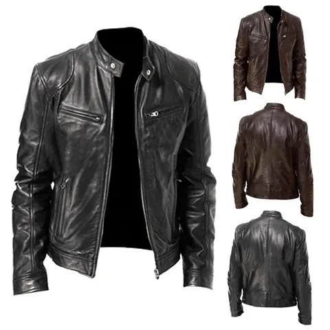 Giacca in Pelle PU da Uomo Colletto in Piedi Vestibilità Aderente Business Casual Zip Antivento Cappotto Caldo Tasche Esterne Top