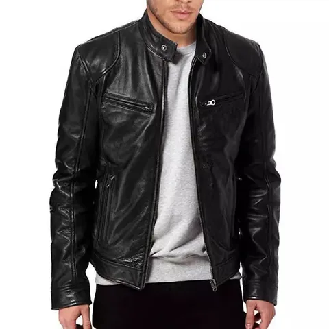 Giacca in Pelle PU da Uomo Colletto in Piedi Vestibilità Aderente Business Casual Zip Antivento Cappotto Caldo Tasche Esterne Top