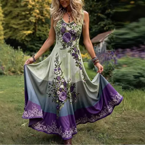 Women Sleeveless V Neck Floral Print Maxi Dress Plus Size Gradient High Waist Bohemian Beach Party Summer Dress MJ26018