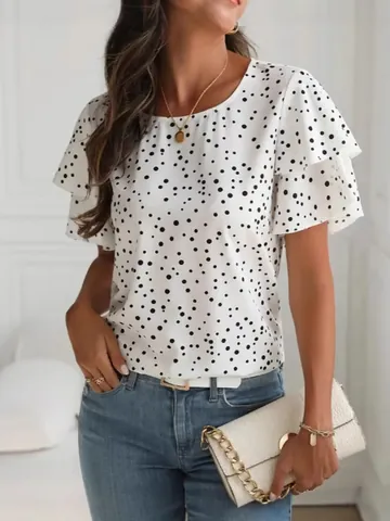 Γυναικείο Top Μεγάλο Μέγεθος Καλοκαίρι Πουά Σχέδιο Κοντό Μανίκι Στρογγυλή Λαιμόκοψη Βολάν Μανίκια Πριγκίπισσας Πολυεστέρας