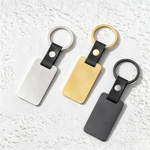 Minimalist Stainless Steel Leather Keychain Rectangle Laser Engraving DIY Blank Metal Key Ring For Men Women Gift