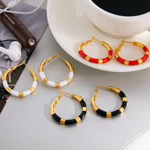 Pendientes de Aro de Acero Inoxidable Bañados en Oro de 18K para Mujer Pendientes de Aro Redondos Geométricos en Contraste