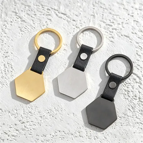 Llavero de Metal y Cuero Hexagonal Minimalista en Blanco para Grabado Láser Regalo Anillo para Hombres Mujeres Negocios Pulido