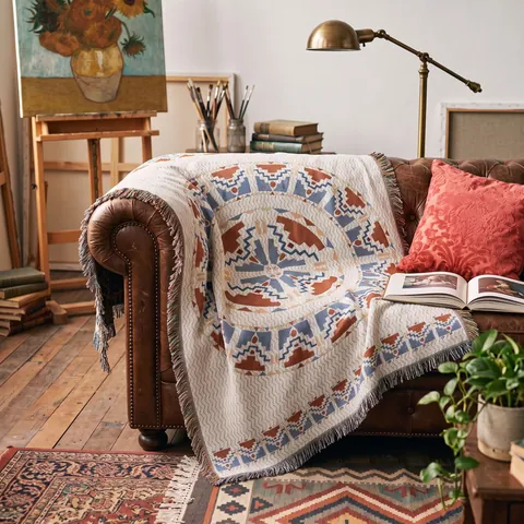 Couverture Tissée Bohémienne Coton Motif Géométrique Jeté Avec Franges Pompons Pour Camping En Plein Air Pique-Nique Canapé Décoratif