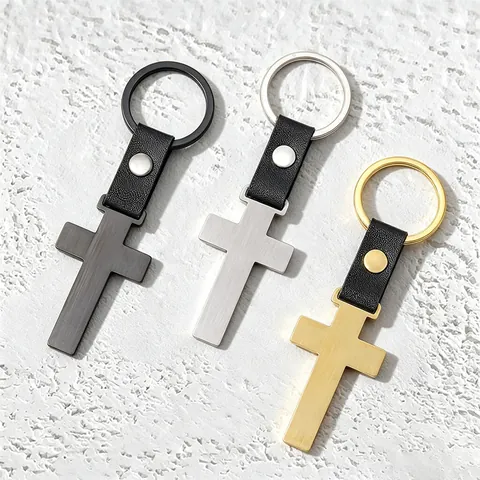 Industrial Brushed Metal Cross Keychain With Faux Leather Strap Minimalist Stainless Steel Religious Key Ring For Men Women Gift