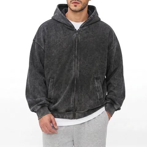 Sudadera con Capucha American Vintage de Algodón Lavado con Cremallera para Hombre Streetwear Pesada Ajuste Holgado Otoño Invierno Casual Top