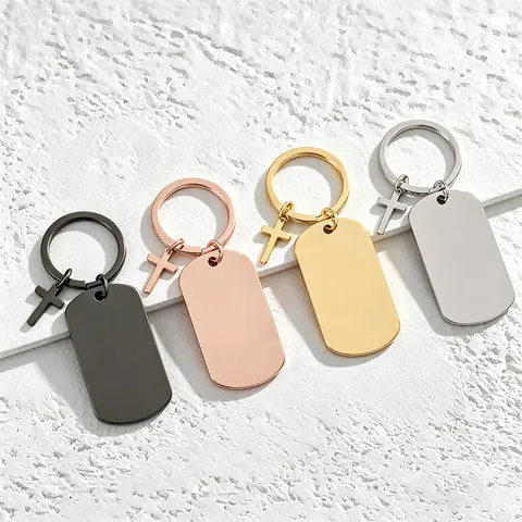 Polished Stainless Steel Cross Military Tag Keychain Religious Dog Tag Key Ring For Engraving DIY Commemorative Gift
