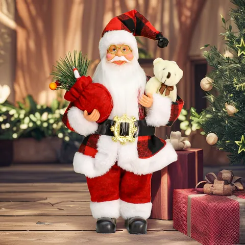 Standing Santa Claus Figurine Holding Teddy Bear Red Black Plaid Suit Christmas Doll Ornament For Holiday Home Decor