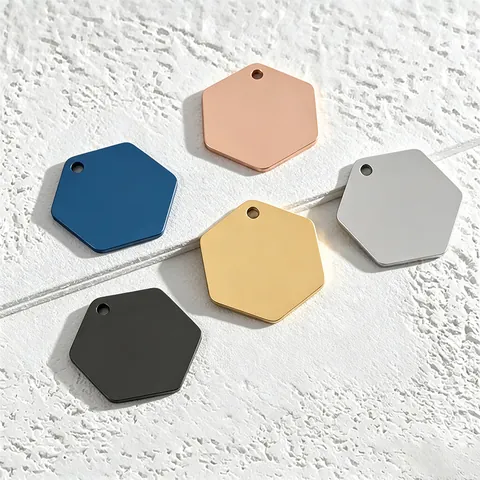 Minimalistischer Edelstahl Sechseck Rohling Anhänger Für DIY Schmuckmaterial Haustier ID Marke Schlüsselanhänger Glatt Metall